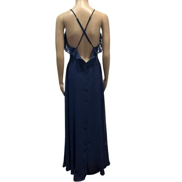 Lulus Metropolitan Navy Blue Ruffled Maxi Dress Large V Neck Sleeveless - Picture 6 of 16